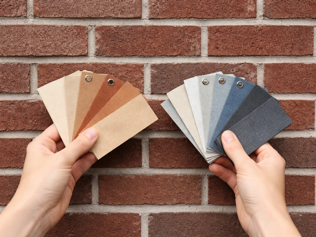 Hands hold warm and cool fabric/metal swatches against a red brick wall in natural light.