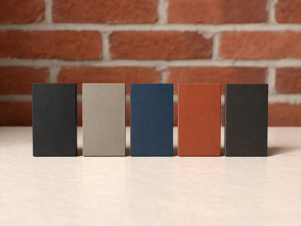 Photo-style swatches beside a red brick wall showing warm charcoal, taupe/greige, navy, and terracotta tones.