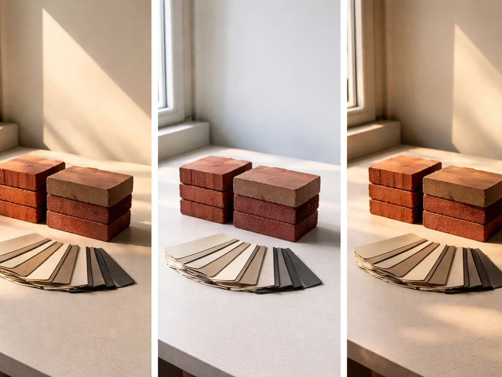 Red brick and furniture color swatches shown under warm morning, bright midday, and golden late-afternoon light.