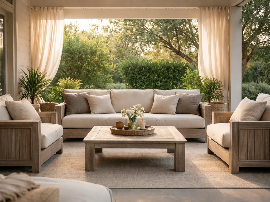 Covered patio lounge with low, deep-seating sofa and thick-cushion club chairs arranged for comfort.