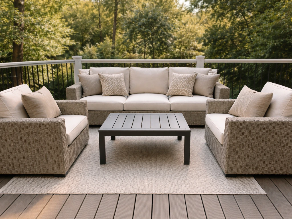 Outdoor patio lounge with deep sofa and club chairs arranged for comfortable relaxing and entertaining.