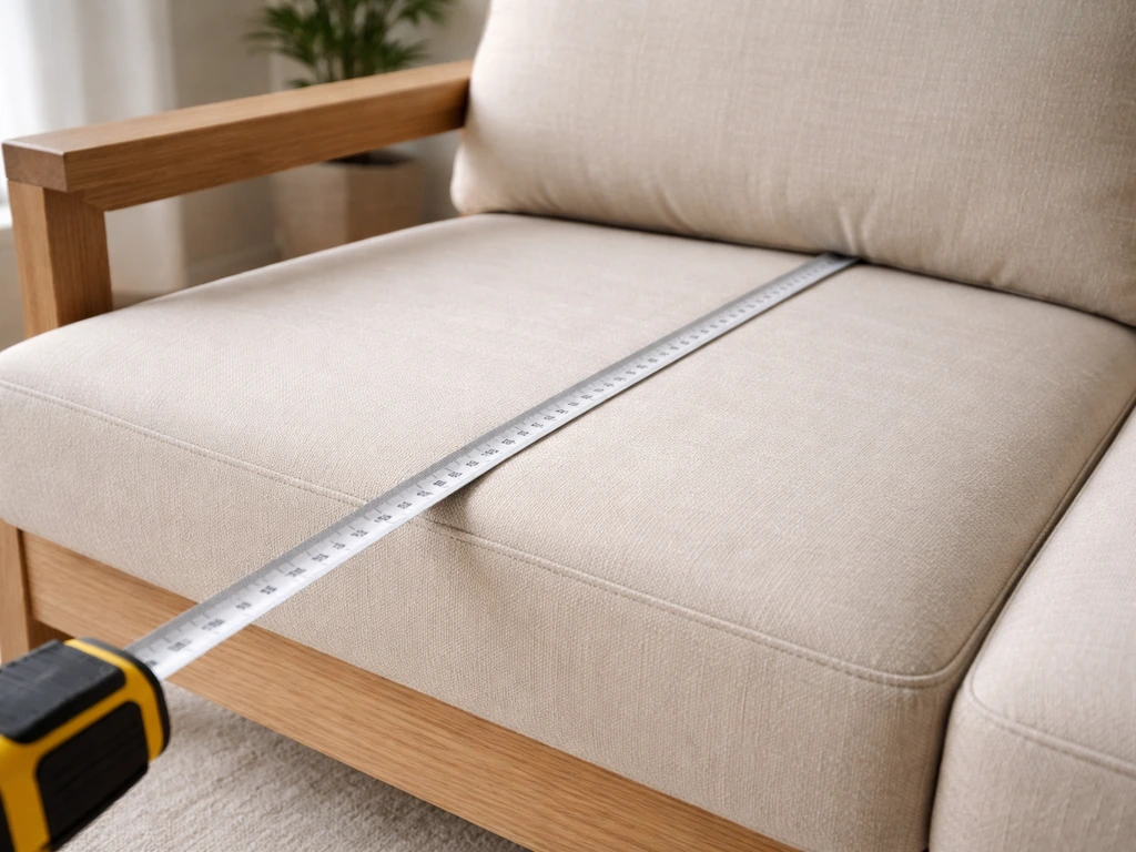 Close-up of a measuring tape aligned to a chair’s seat depth, showing it vs overall depth.