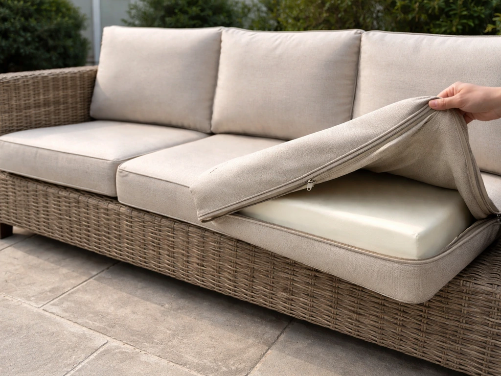 Outdoor sofa with a seat cushion partially unzipped and lifted off for replacement