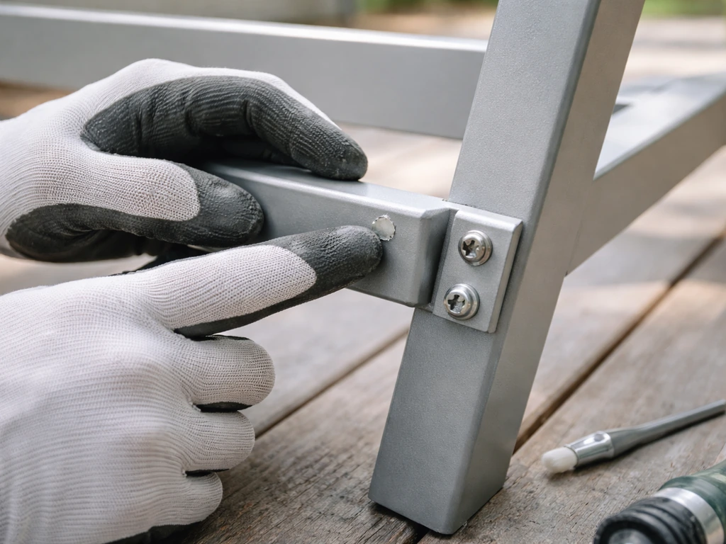 Close-up of gloved hands inspecting an aluminum powder-coated frame and hardware connections outdoors.