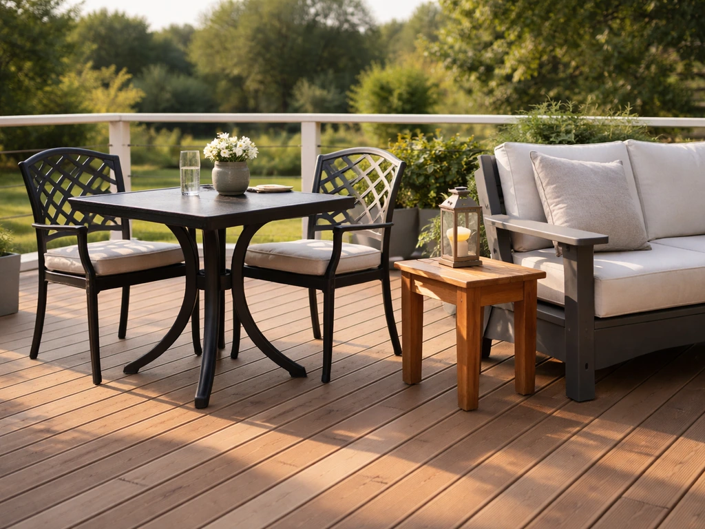 Durable patio dining set on a wooden deck with weather-ready cast aluminum and HDPE materials