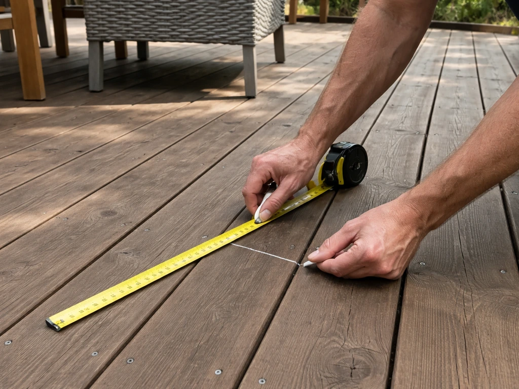 Person measuring a deck with a tape measure near patio dining chairs setup