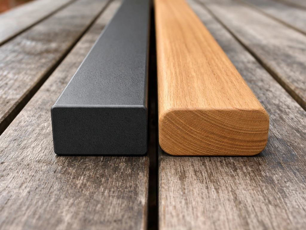 Close-up side-by-side of cast aluminum frame and teak wood furniture components on a deck surface