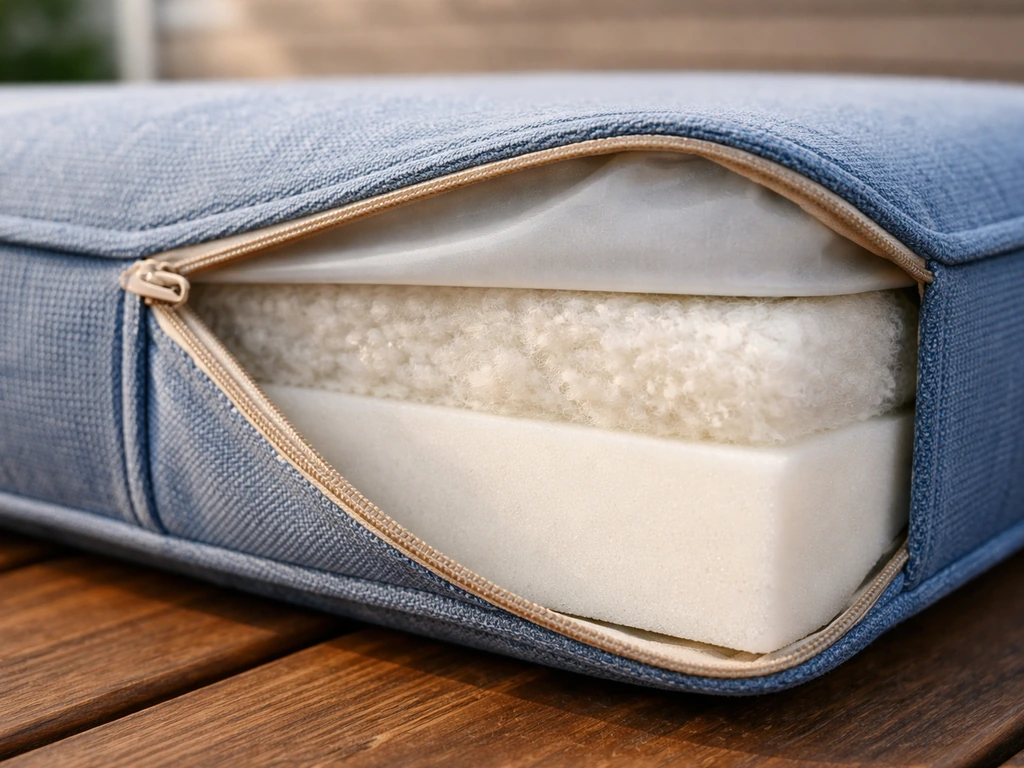 Close-up of an outdoor deck cushion showing solution-dyed fabric and inner cushion layers