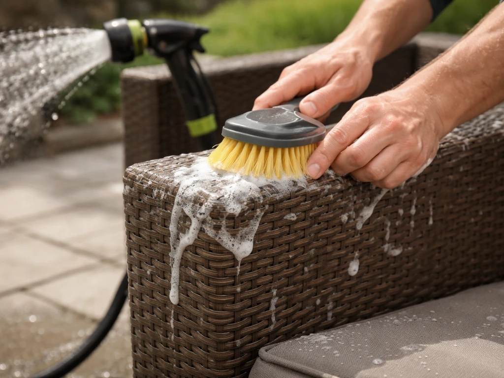 Hands using a soft brush to clean outdoor resin wicker furniture with a gentle hose spray