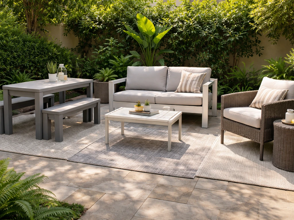 Sunlit patio with three furniture types: HDPE-style, powder-coated aluminum, and PE wicker.