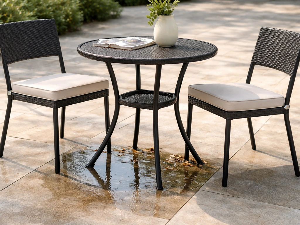 Minimal patio table with cushions, next to a small puddle and leaf debris near joints suggesting insect risk.