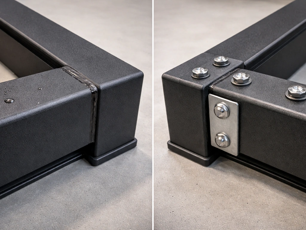 Closeup of a durable outdoor frame showing welded joints, powder-coated finish, and water-drain edges