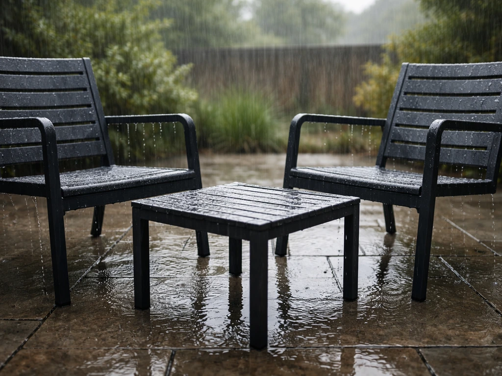 Powder-coated aluminum patio set with slatted surfaces in the rain, water beading and draining.