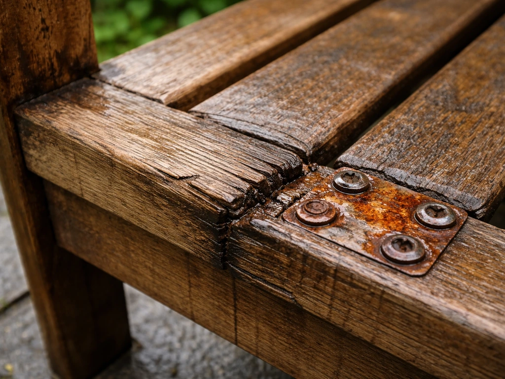 Close-up of weathered patio wooden boards with swollen grain and rusted metal hardware from prolonged moisture.