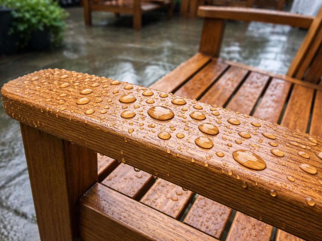 Close-up of teak patio wood with water beading and an oil finish outdoors.