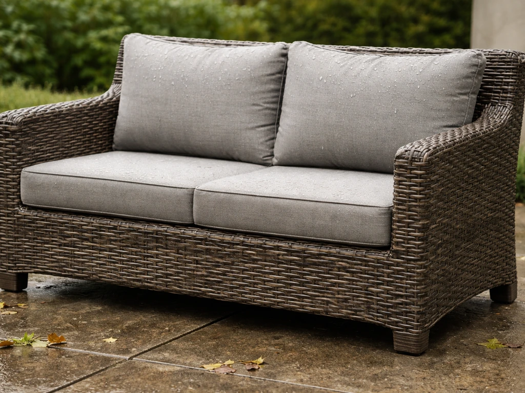 Outdoor HDPE resin all-weather wicker loveseat with visible texture and water beading in natural light.