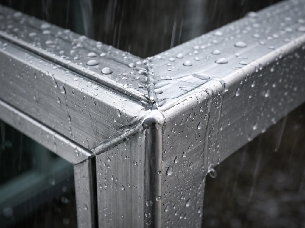 Macro view of rain on a welded aluminum frame joint, water beading and draining with no standing at seams