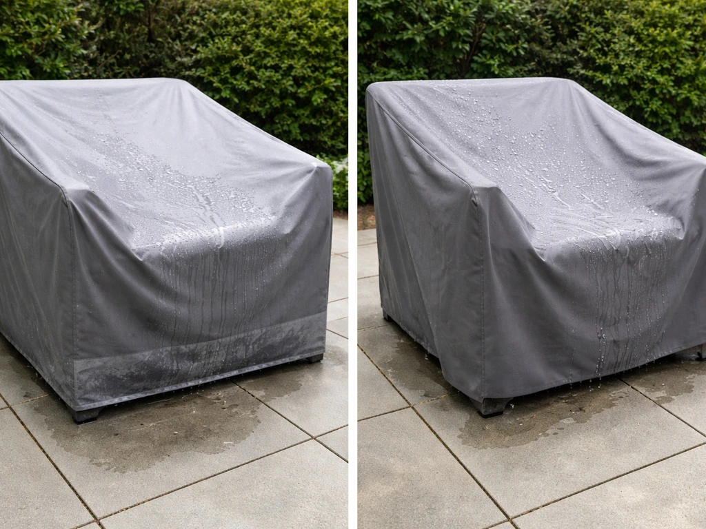 Close-up of two patio furniture covers: one sealed trapping condensation, one breathable letting water drain.