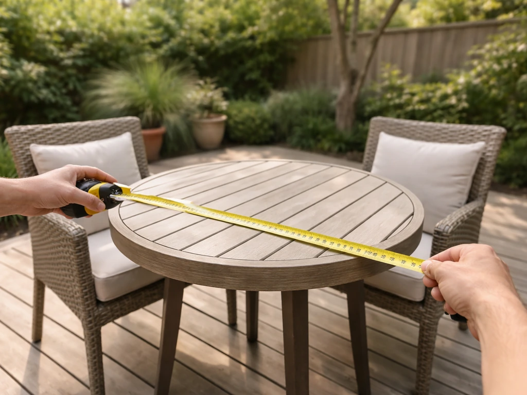 Person measuring an outdoor dining set with a tape measure on a patio for comfortable spacing.