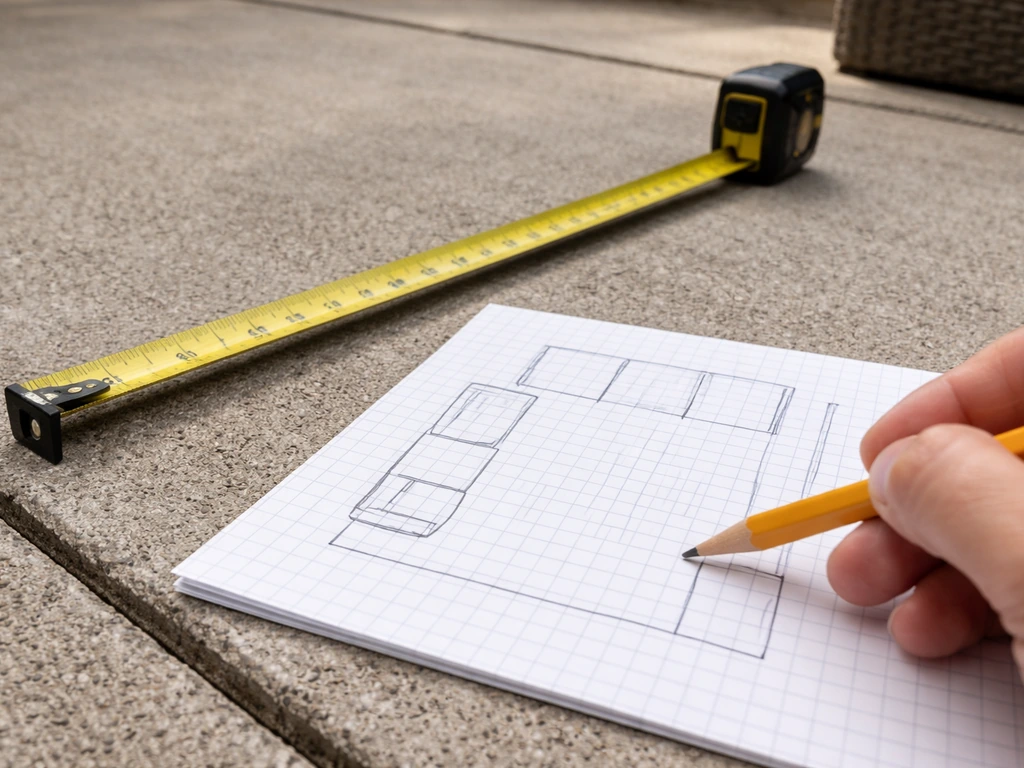 Close-up of tape measure and grid paper on a patio floor while measuring usable space for furniture.