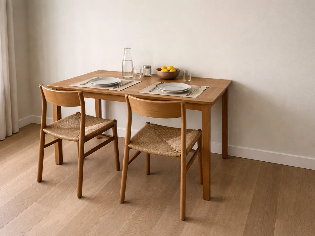 Dining table with chairs pushed back, showing clear walking space around the seating area.