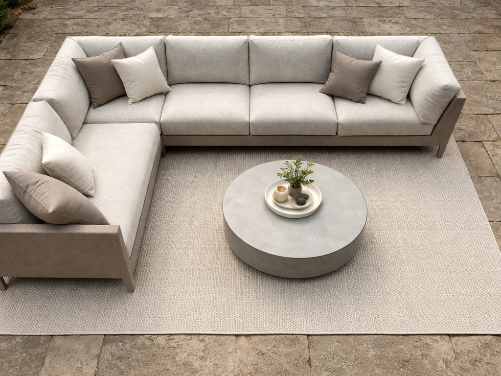 Top-down photo of a patio sectional showing footprint edges and space gap to a coffee table