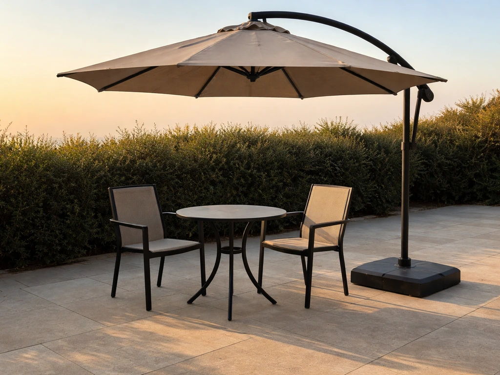 Cantilever umbrella canopy overhanging a patio table, with offset base visible and clearance space around it.