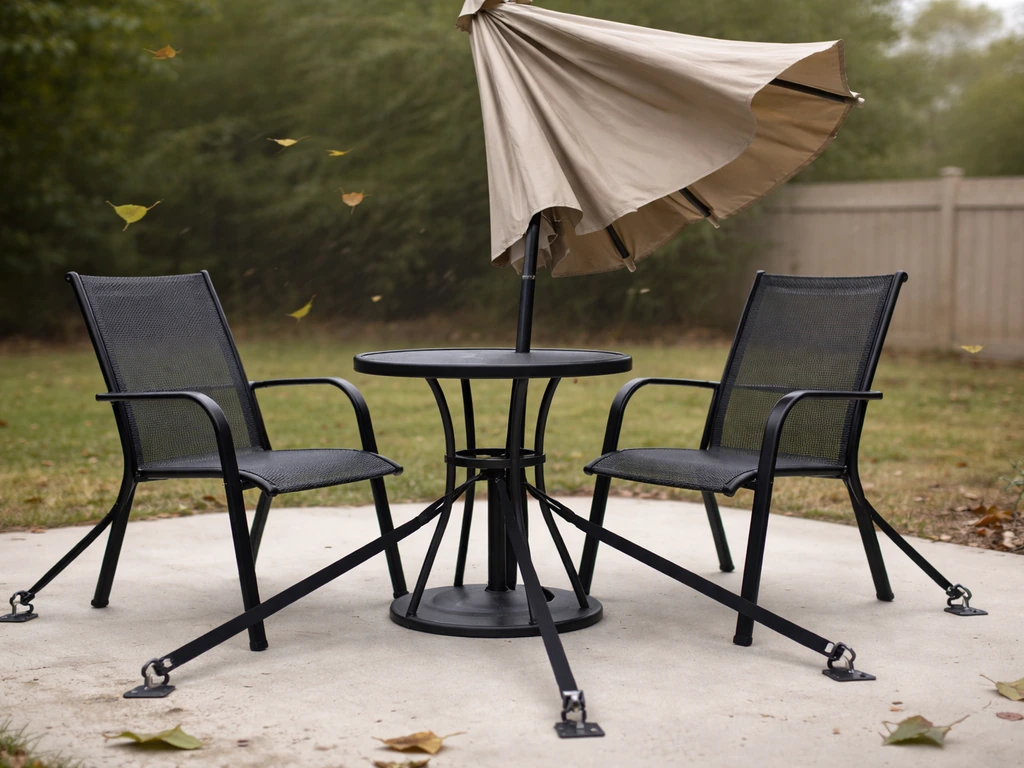 Patio dining set in windy weather, with tie-down straps to ground anchors and umbrella secured.