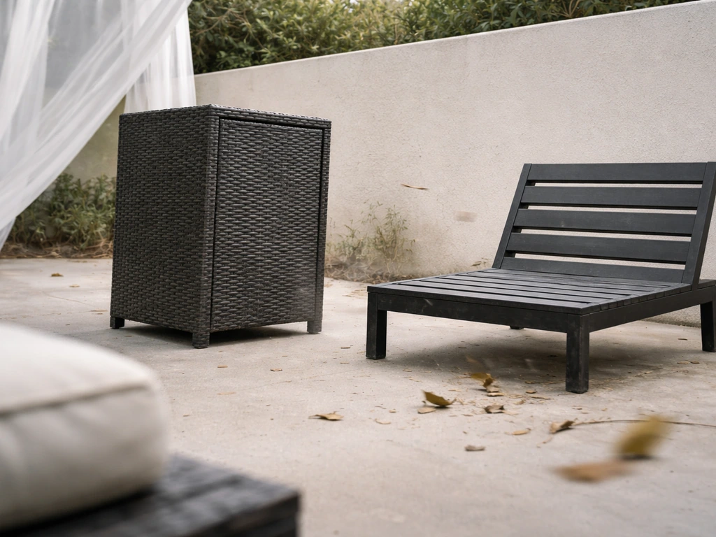 Patio furniture on a windy day: a tall boxy table catches gusts more than a low slatted chair.