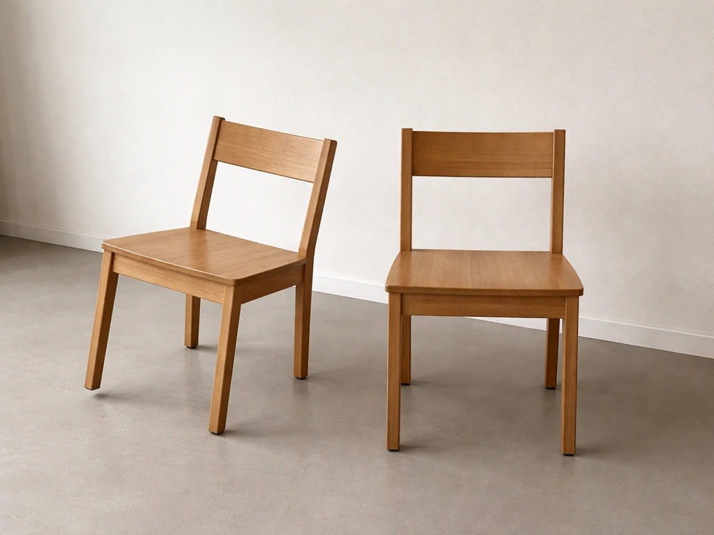 Minimal photo showing a chair on a smooth floor leaning near a tipping edge, with another chair upright nearby.