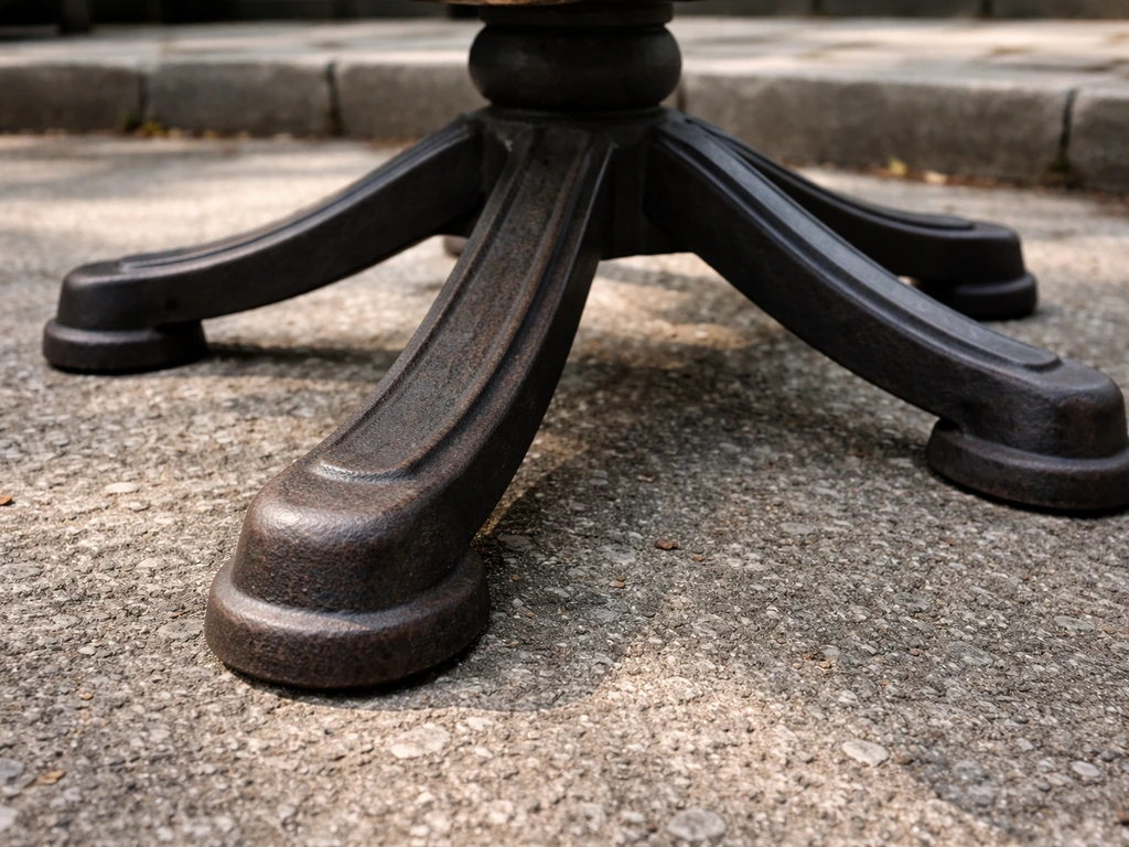 Close-up of a heavy cast iron patio chair base on the ground showing wide, weighty contact