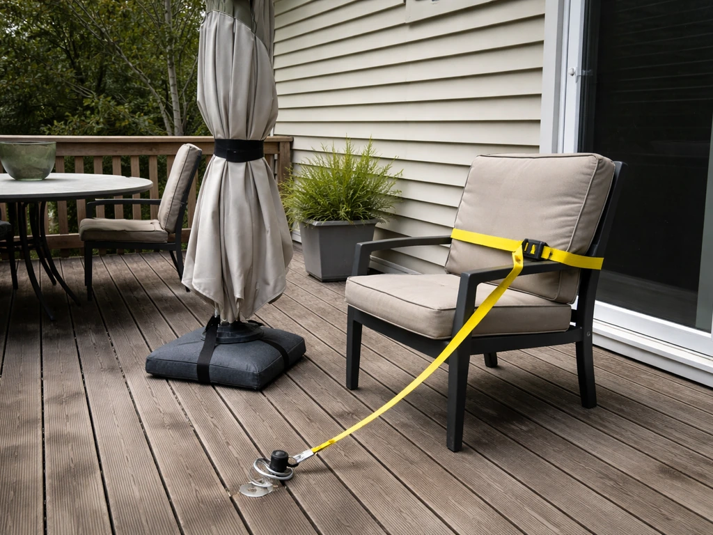 Patio umbrella and chair secured with straps and ground anchor on a residential deck.