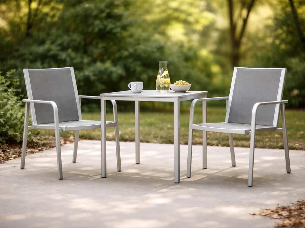Rust-free powder-coated aluminum patio dining set on a clean outdoor deck with a soft wooded backdrop.
