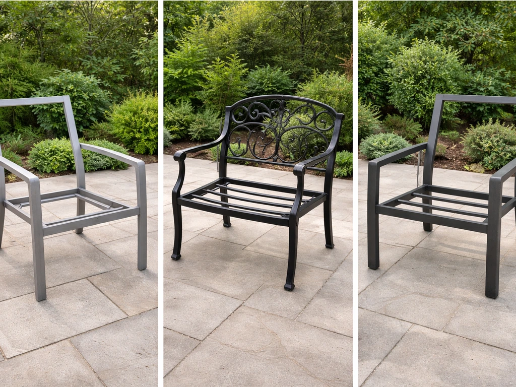 Side-by-side patio furniture frames showing aluminum, wrought iron scrollwork, and steel form factors outdoors.