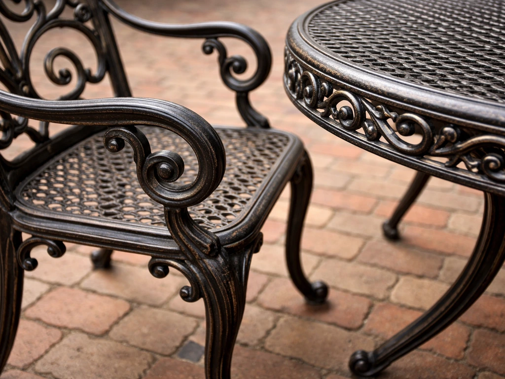 Close-up of ornate wrought iron bistro furniture on a brick patio in natural light.
