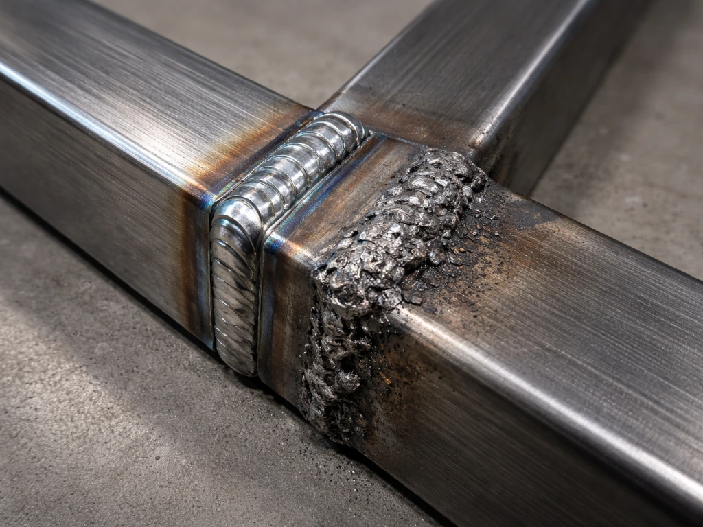Macro photo of metal frame welded joints showing smooth weld bead versus rough, uneven weld edges.