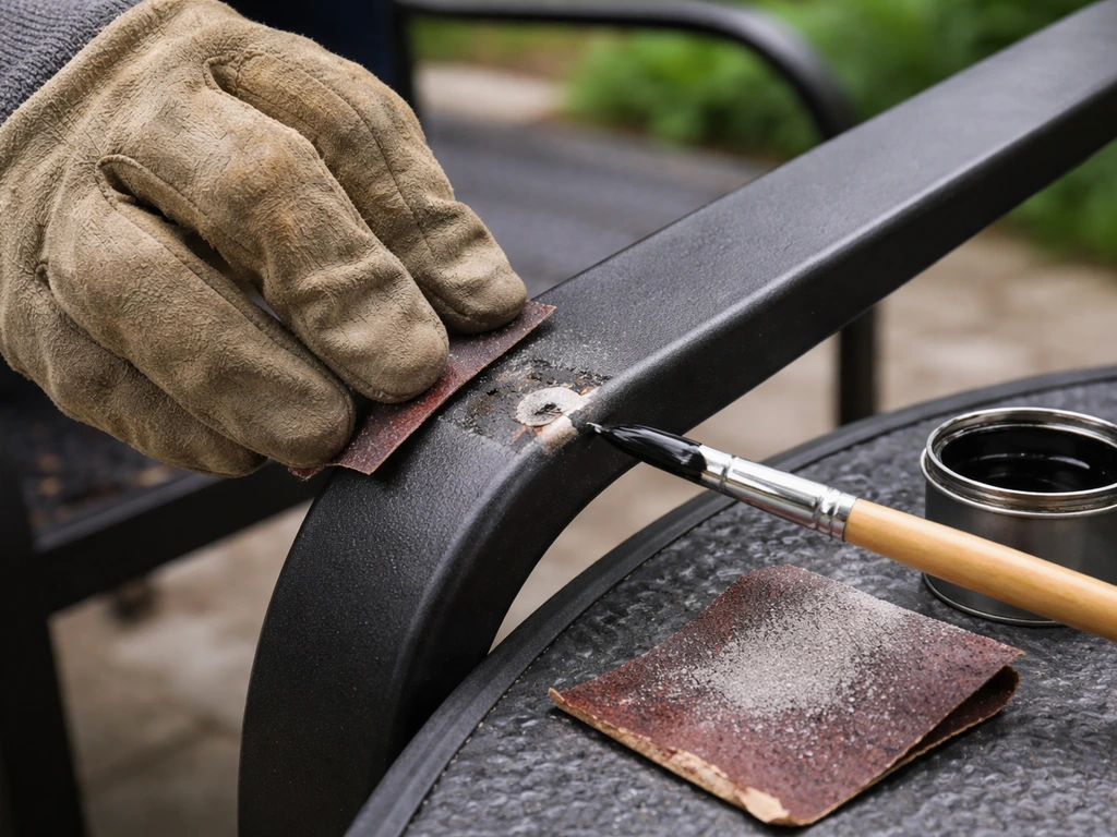 Gloved hands sanding a chipped metal furniture spot and applying protective touch-up coating outdoors.