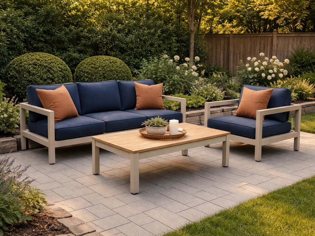 Patio seating in coordinating colors on a landscaped backyard patio under warm natural light