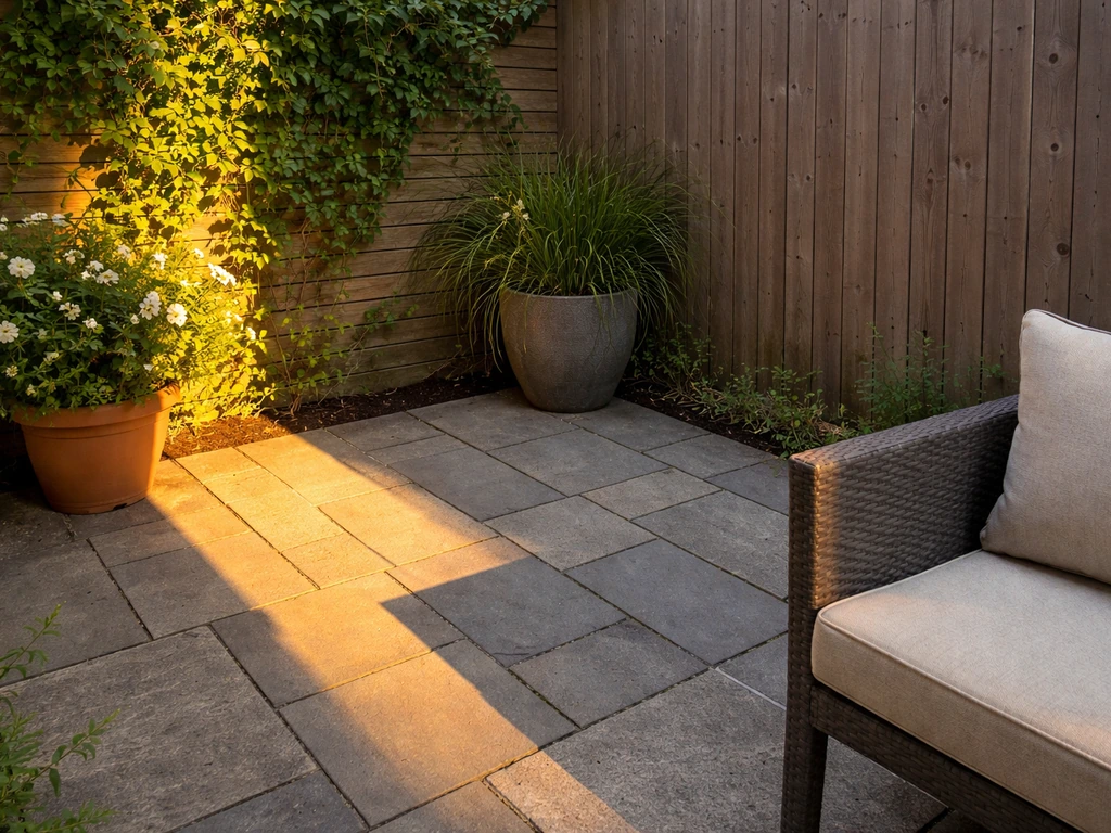 Minimal patio scene with sunlit and shaded areas showing how surface colors change.