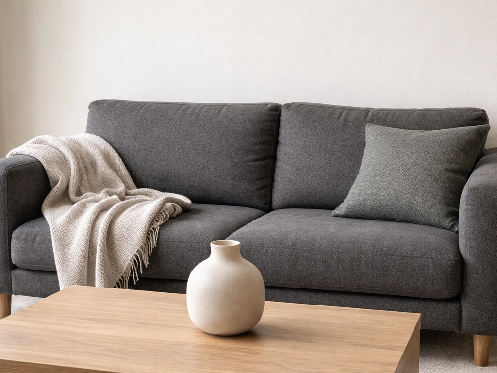 Minimal living room vignette with charcoal and greige sofa, warm white textiles, and natural wood accents