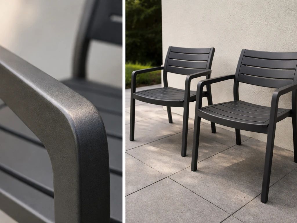 Powder-coated aluminum chairs with a close-up of the finish showing consistent color and subtle aging