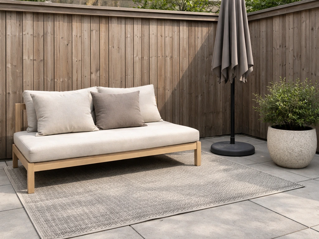 Coordinated outdoor seating accessories: neutral cushions, patterned rug, umbrella, and planter in matching tones.
