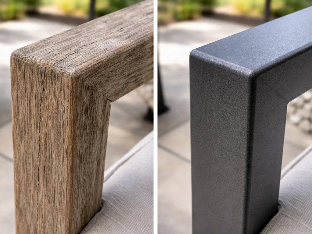 Split-close view of weathered untreated wood pores beside powder-coated aluminum and iron patio frames
