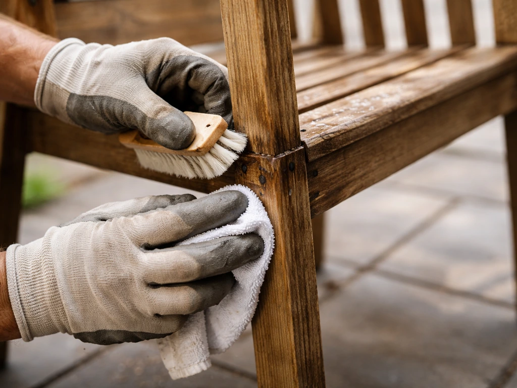 Person scrubbing patio wood furniture seams and wiping surfaces to remove bugs safely