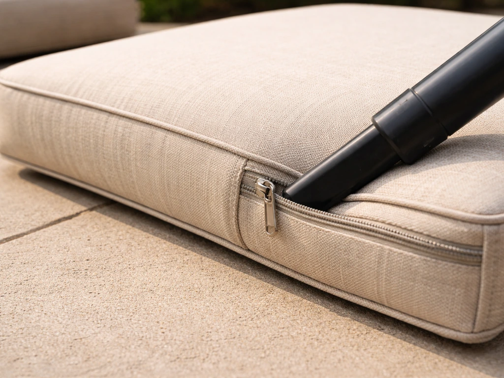 Vacuum crevice nozzle cleaning a patio cushion seam and zipper fold on a simple outdoor surface.