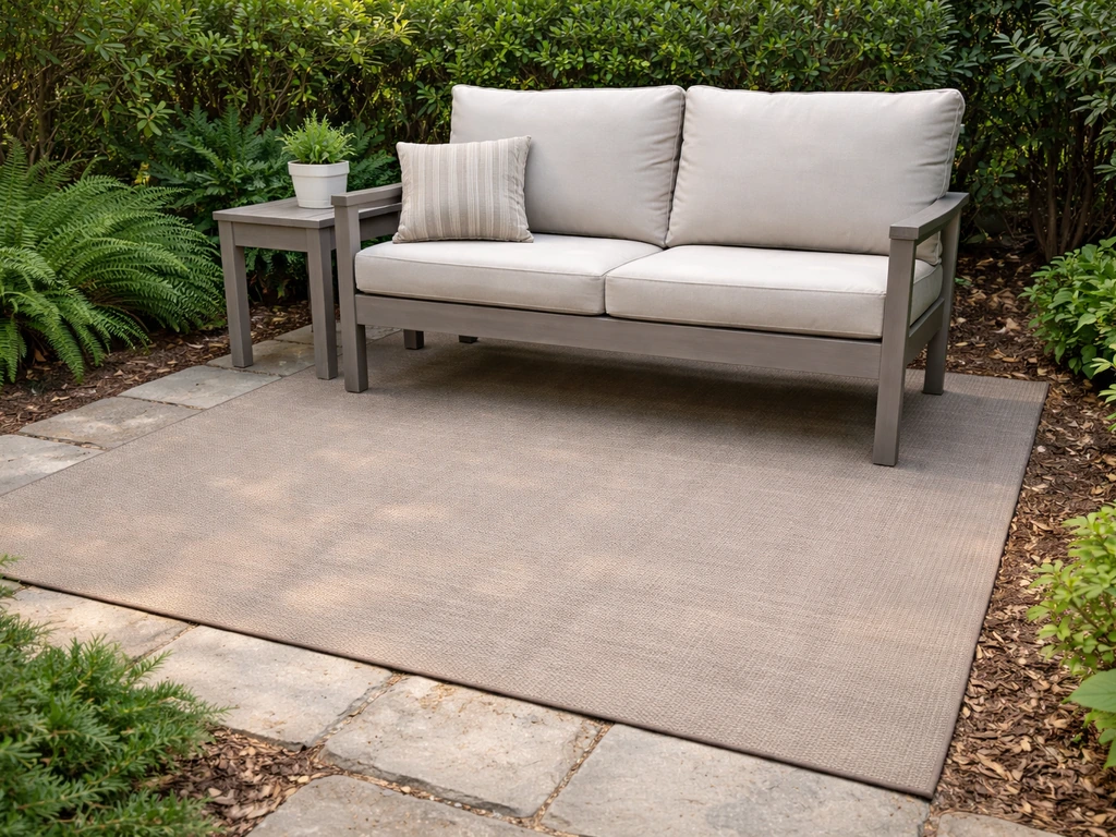 Patio area with trimmed plants and cleared ground under furniture, showing neat cover setup to reduce moisture