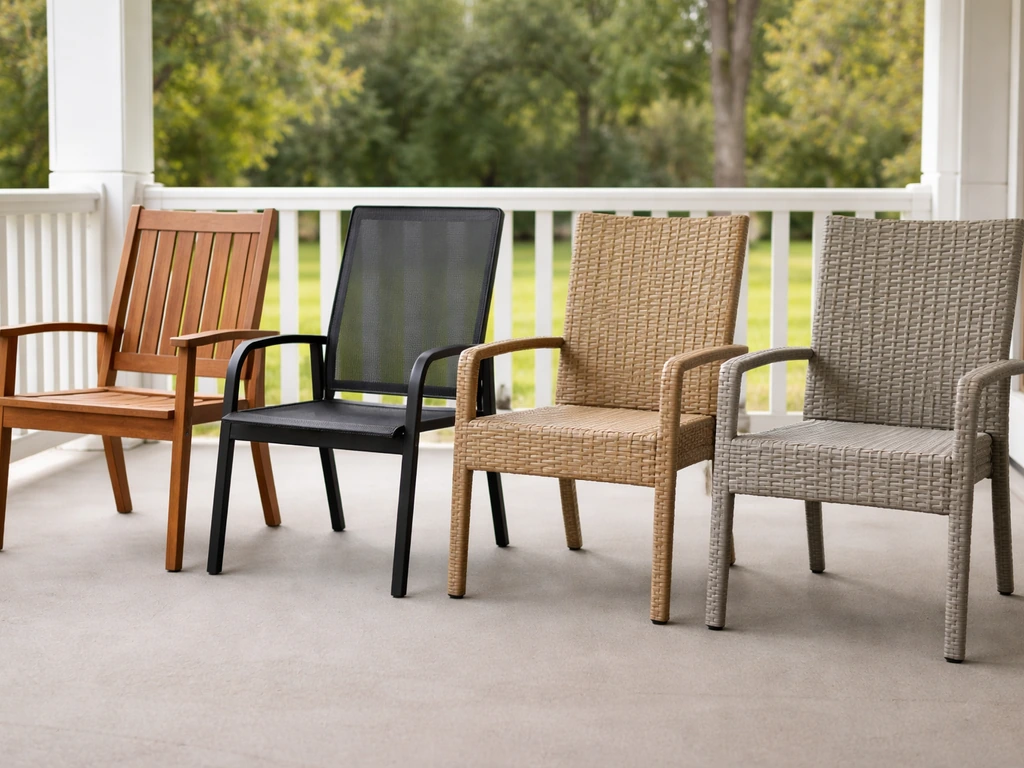 Four patio chairs on a porch, showing wood, metal, natural wicker, and resin/HDPE materials.
