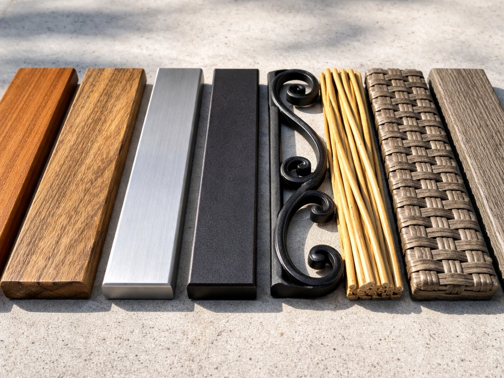 Close-up of patio chair material samples: teak and acacia wood, aluminum, steel, wrought iron, natural and synthetic wic