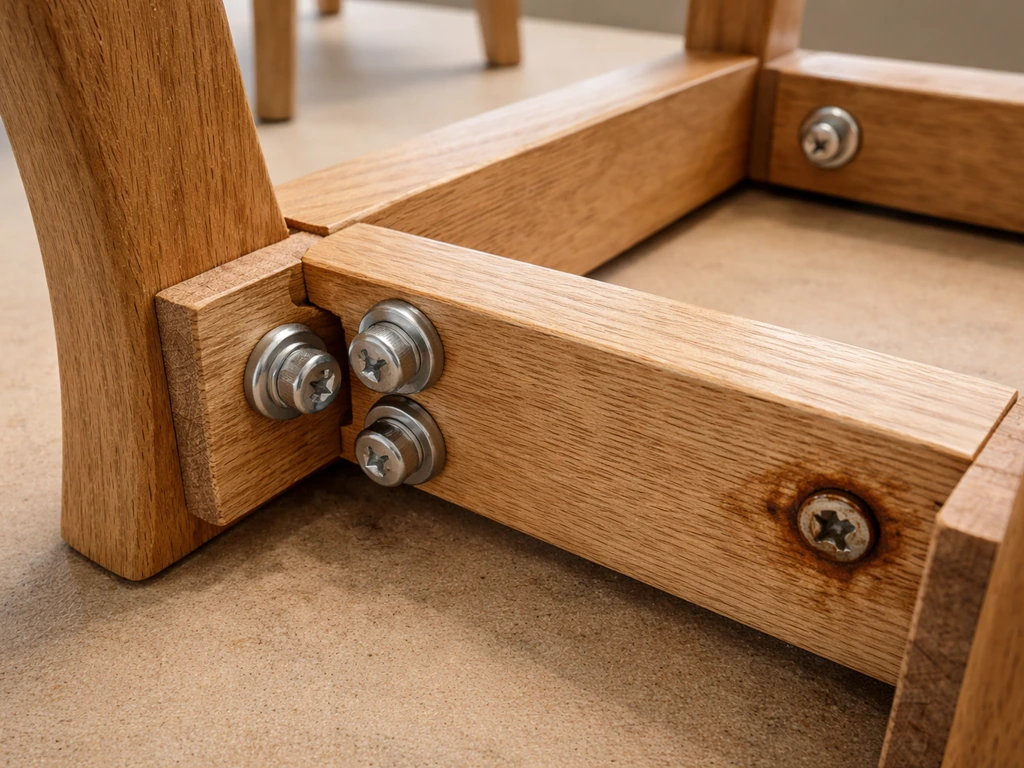 Close-up of mortise-and-tenon wood chair joints with stainless hardware and a rust-stained zinc screw.