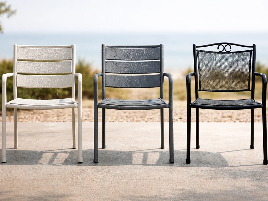 Three outdoor metal chairs side-by-side showing different coatings and subtle rust risk.